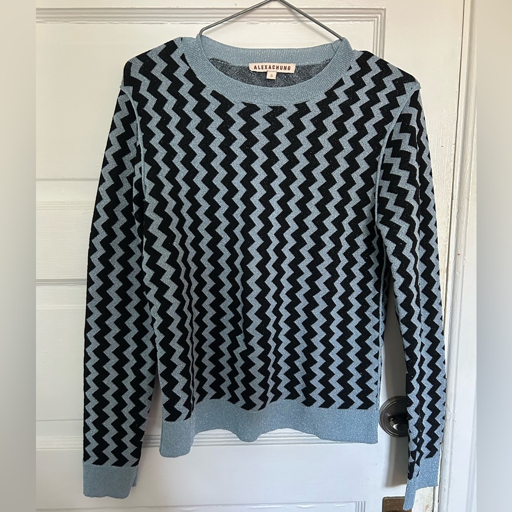 ALEXACHUNG light blue metallic knitted sweater.